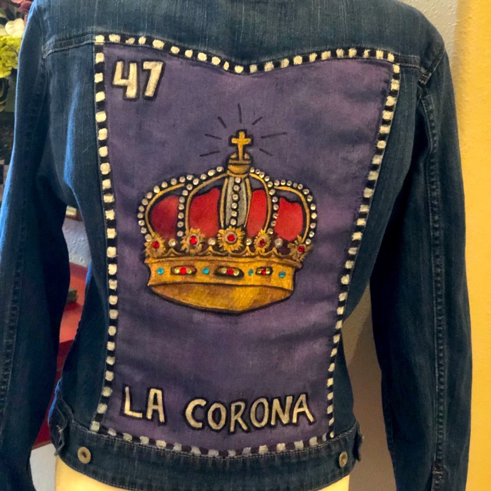 Hand painted denim jacket.La Loteria